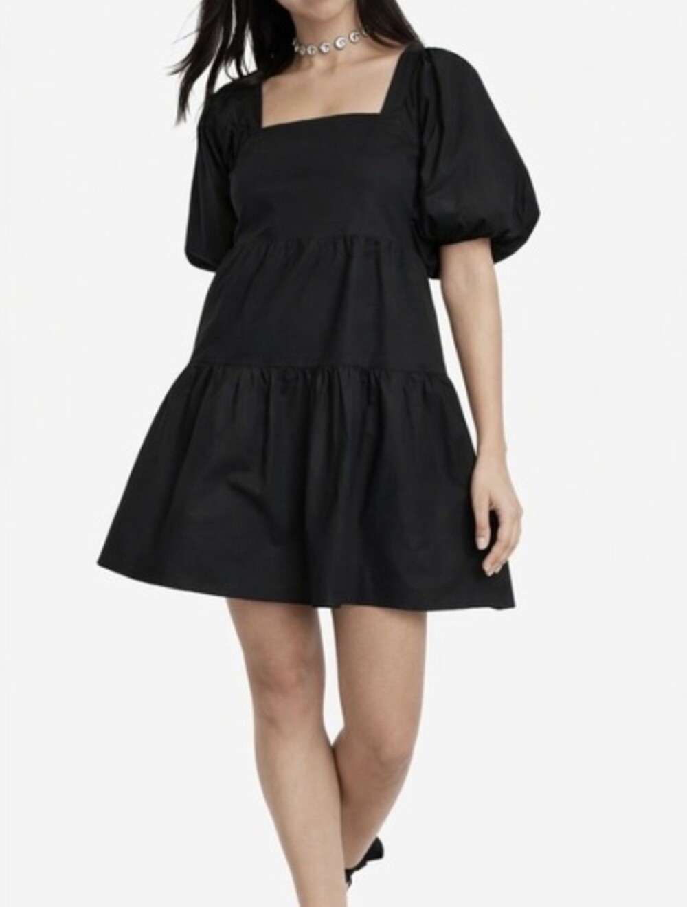 House Of Harlow 1960 Black Linen Blend Puff Sleeves Tiered Mini Dress Size XS